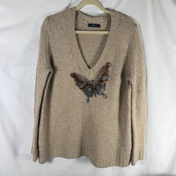 Zara Women's Tan Beige Alpaca Wool Knit Butterfly Sequin Beaded Sweater Top Sz M - Picture 1 of 9